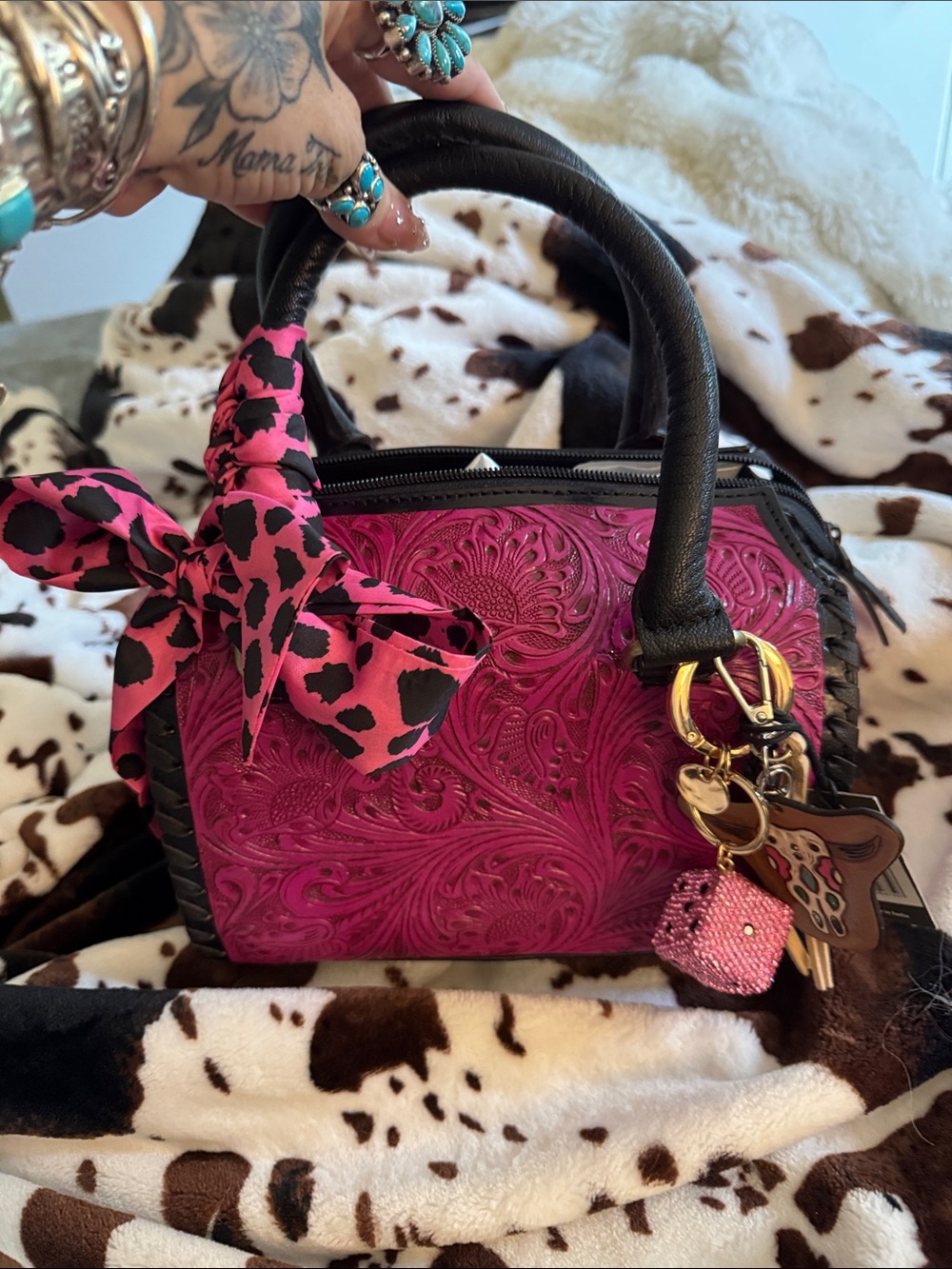 Women's Hot Pink Tooled mini Speedy Bag with Black Handles/crossbody strap